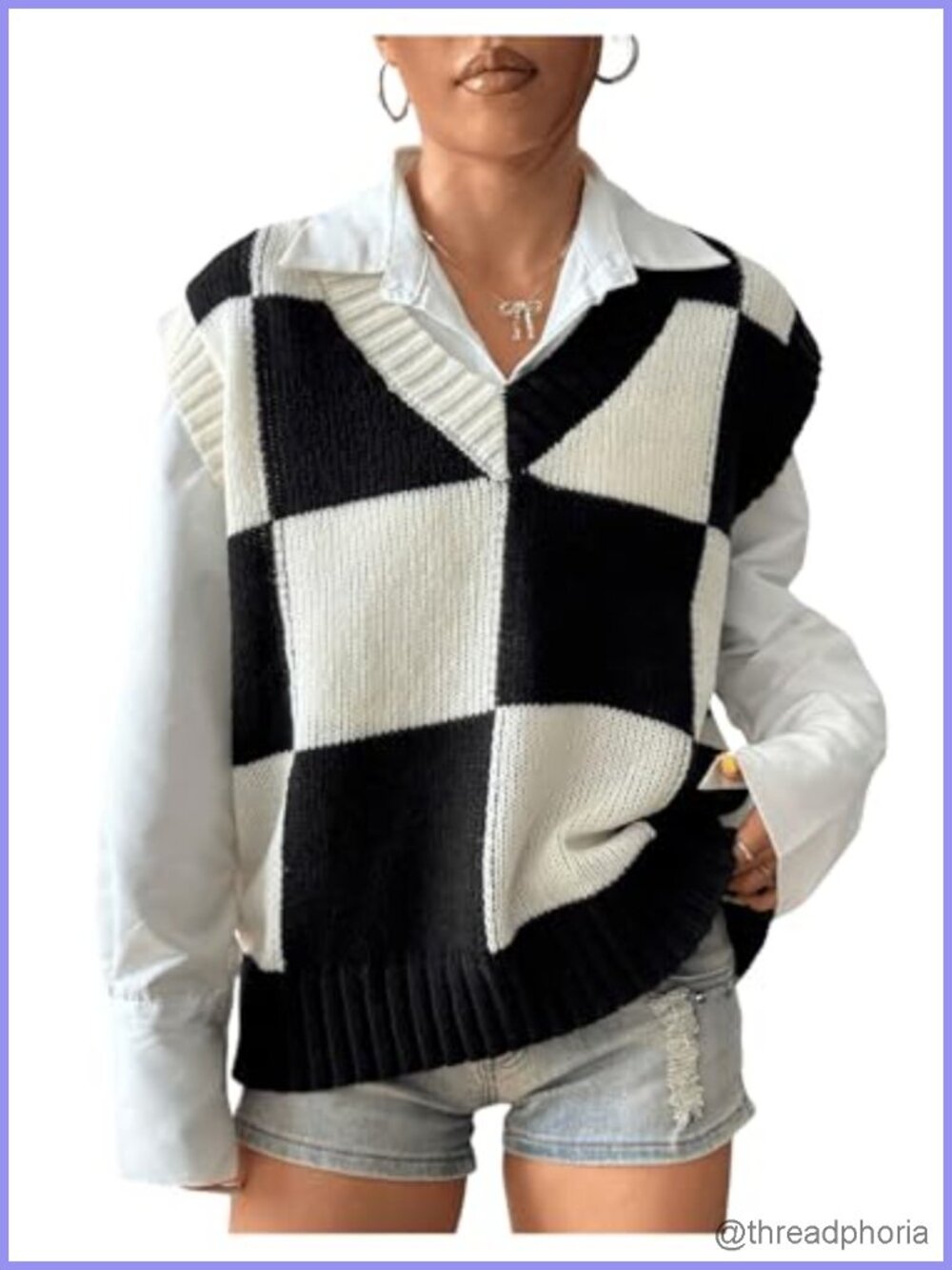 Women's Sleeveless Plaid Acrylic Knit Sweater Vest V-Neck Oversized